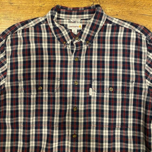 Carhartt Blue White Red Plaid Cotton Relaxed Fit Button Down Shirt Men's XL Tall - Picture 1 of 11